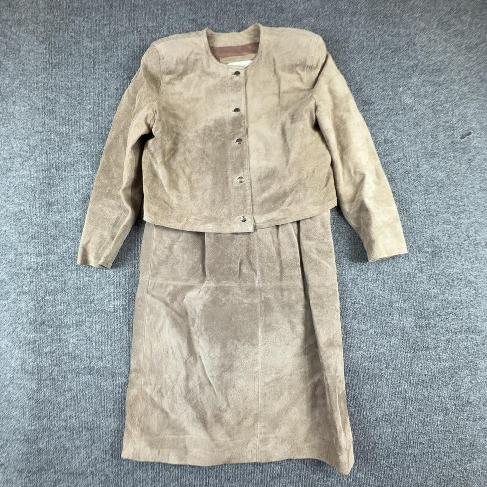 Vintage‎ Lord & Taylor Skirt Suit Set Womens 8 Beige Suede Belted Jacket 2 Piece